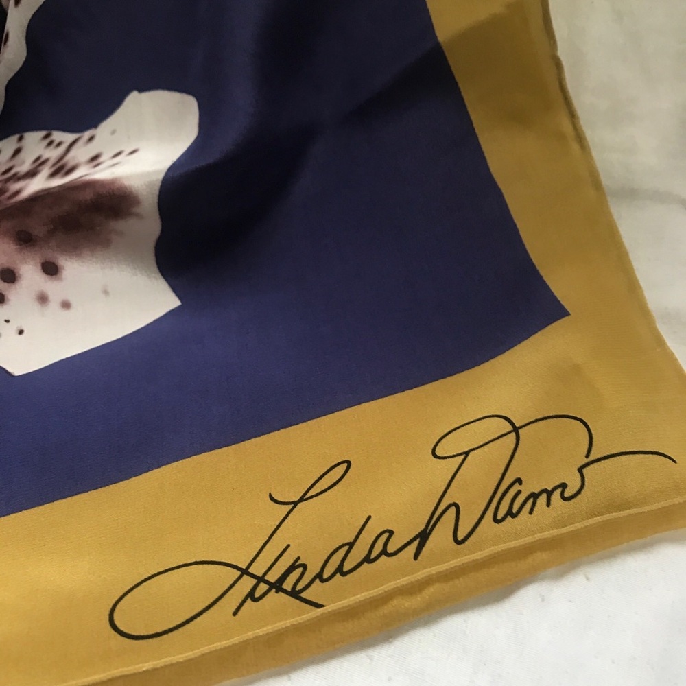 Linda Dano Signed Floral Silk Scarf in Mustard & Navy